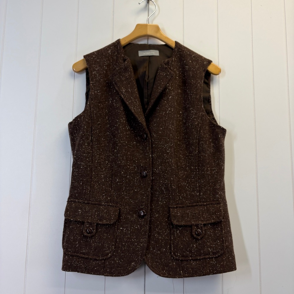 Liz Claiborne Poetic Wool Blend Tweed Vest Women Size 10 Brown Heritage Academia